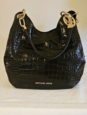Michael Kors Black Croc-Embossed Shoulder Hobo with Gold Hardware